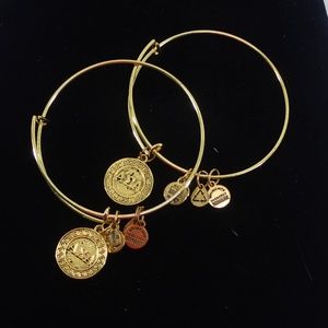Alex and Ani Stainless Steel Gold Tone Set of 2 Bangle Bracelets with Alex and A